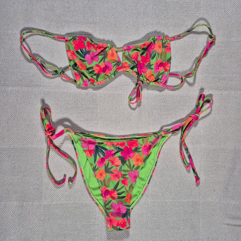 PacSun Tropical Floral 2 piece Bikini Green Pink Hi-Cut